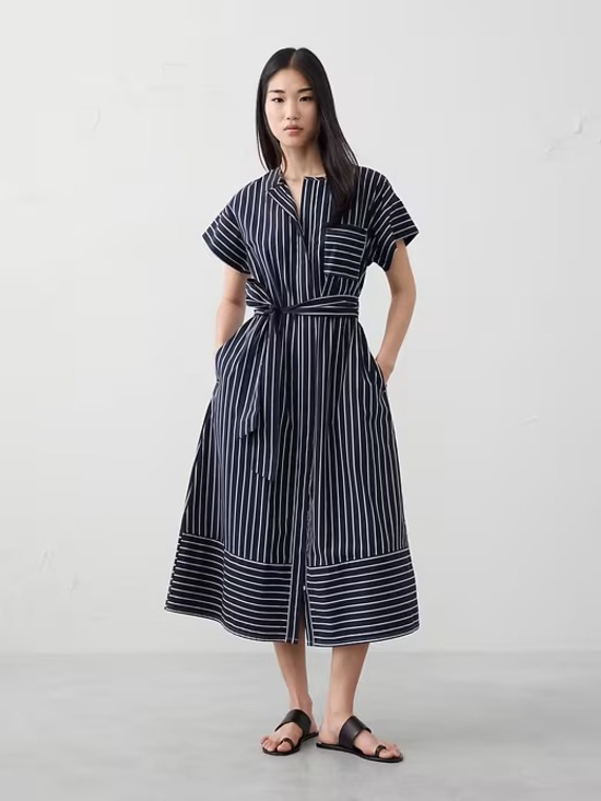 Banana Republic Dresses & Skirts - Banana Republic Navy & White Striped Midi Shirt Dress with Waist Tie